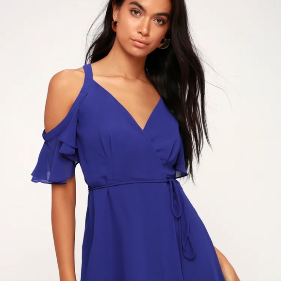 Lulus Dresses & Skirts - LULU'S Bombshell Royal Blue Off-the-Shoulder Wrap Dress, Sz Small
